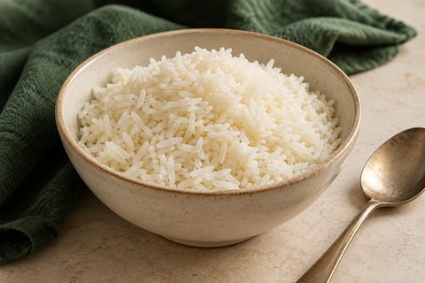 A ceramic bowl of plain fluffy white rice with separate grains