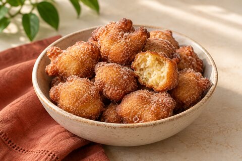 Small golden cinnamon-sugar fritters, including one opened to show its soft center