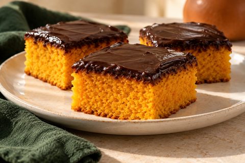 Orange Brazilian carrot cake squares with a dark chocolate glaze