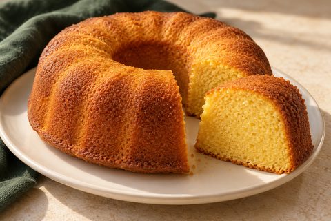Plain golden Brazilian cornmeal ring cake with one cut wedge showing yellow crumb