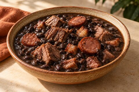 Black bean stew with chunks of pork shoulder and slices of smoked sausage in a ceramic bowl