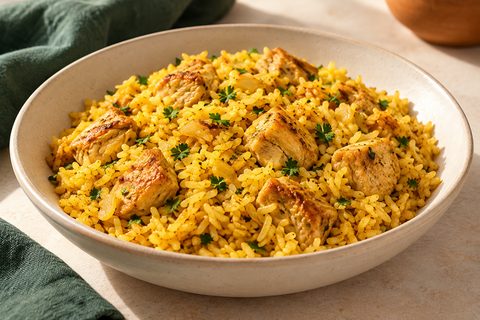 Golden Brazilian chicken and rice with browned boneless chicken pieces and a little parsley
